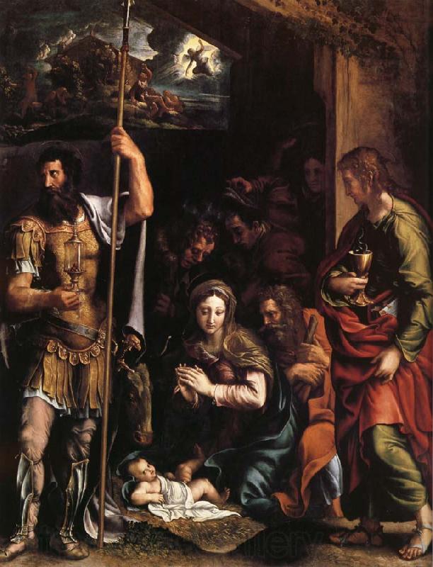 Giulio Romano La nativite de l'enfant jesus avec l'adoration des bergers entre Saint Jean l'Evangeliste et Saint Longin Spain oil painting art